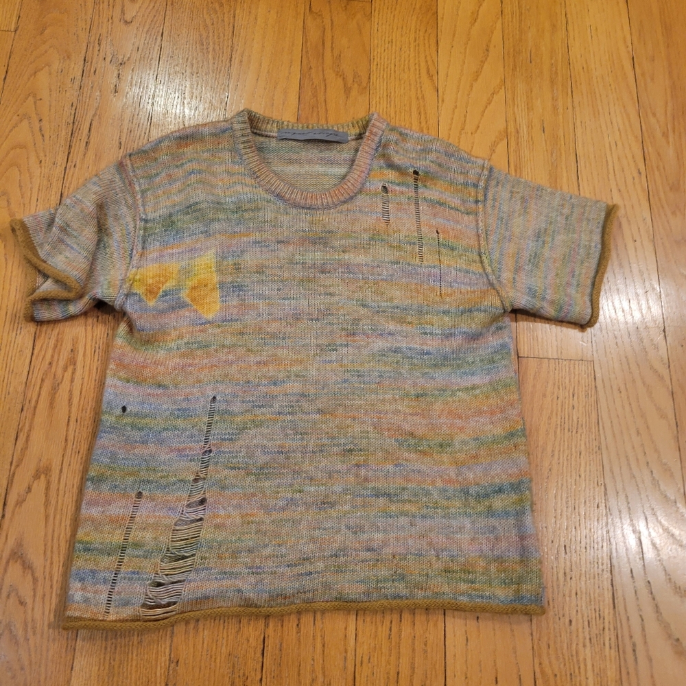 Raquel Allegra Pastel Lgbt Gay Pride Rainbow Distressed Short Sleeve Sweater 1 S